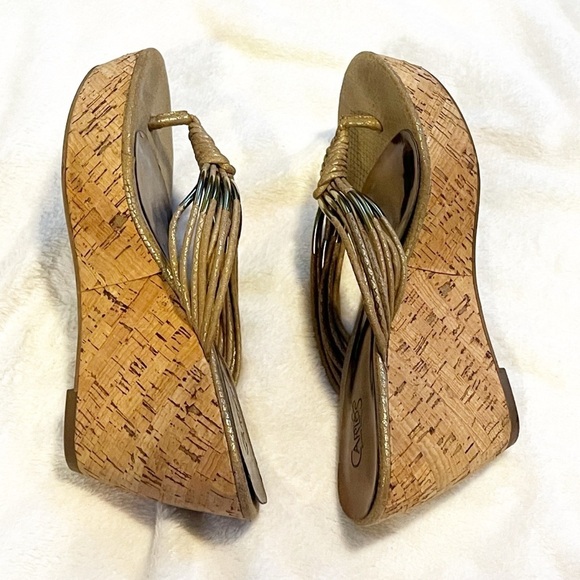 Carlos Santana Tasha Cork Wedge Platform Thong Leather Sandals Tan Gold Sz 10 - Picture 5 of 8